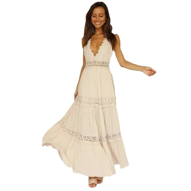 Damen Maxikleid Spitze Tiefes Rückendesign
