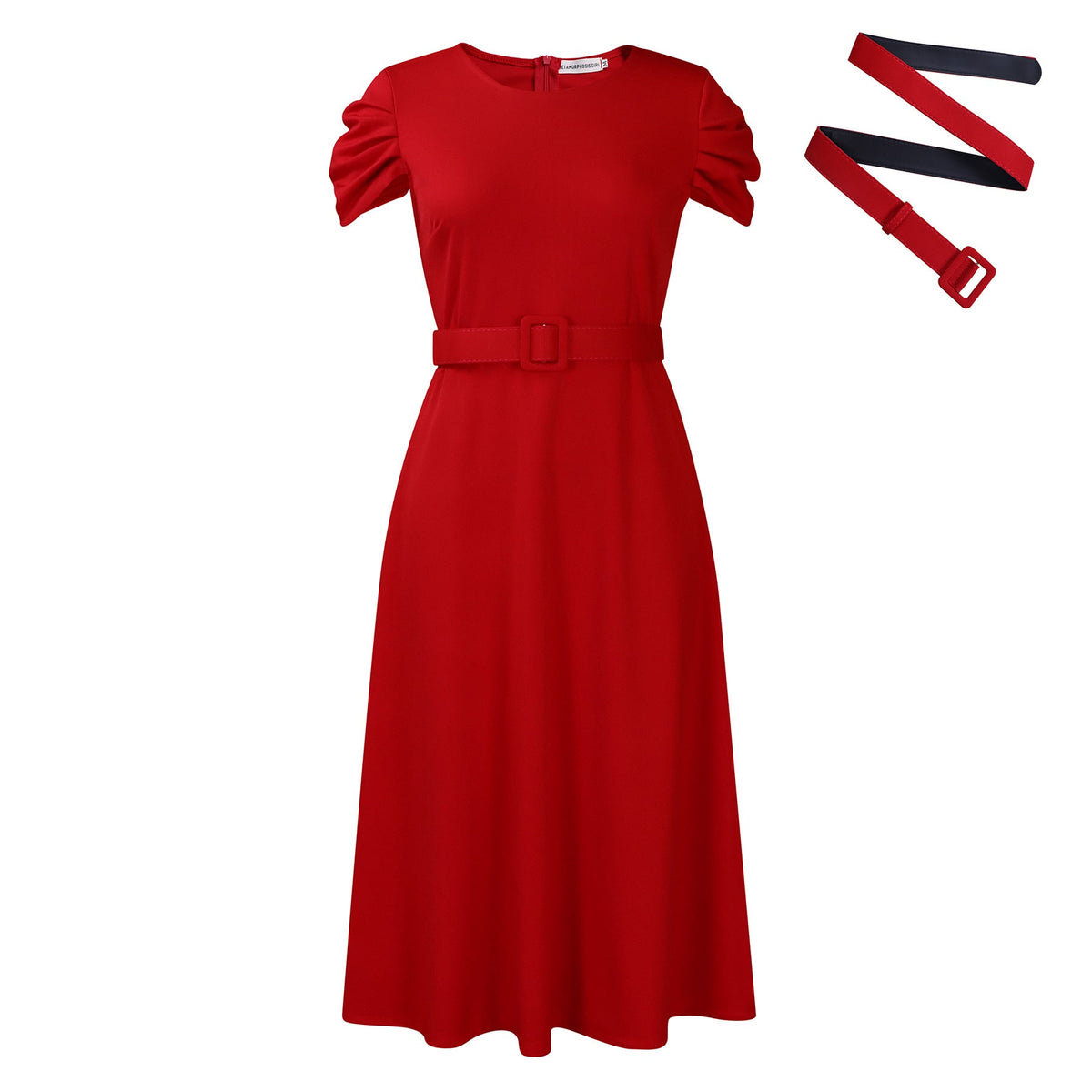 Damen Midi-Kleid mit Gummizug und schmalem Gürtel Eveloria