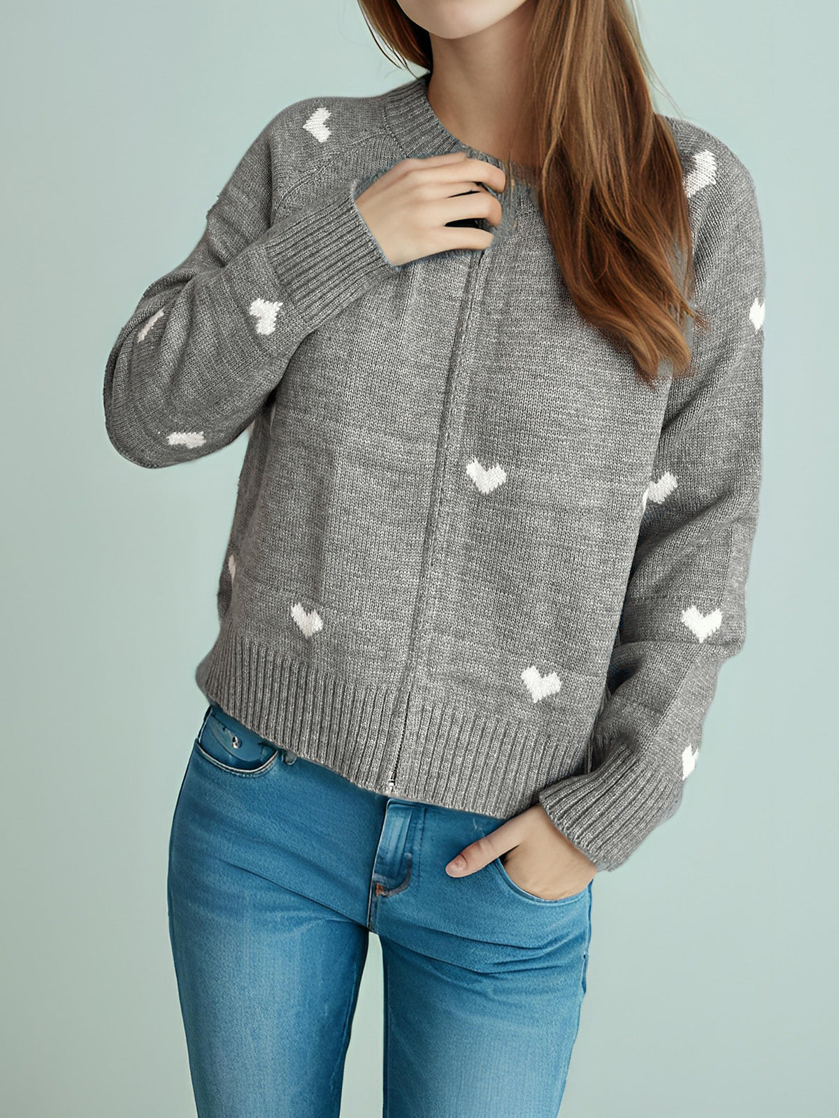 Damen Strickcardigan Herzmuster Reißverschluss Eveloria