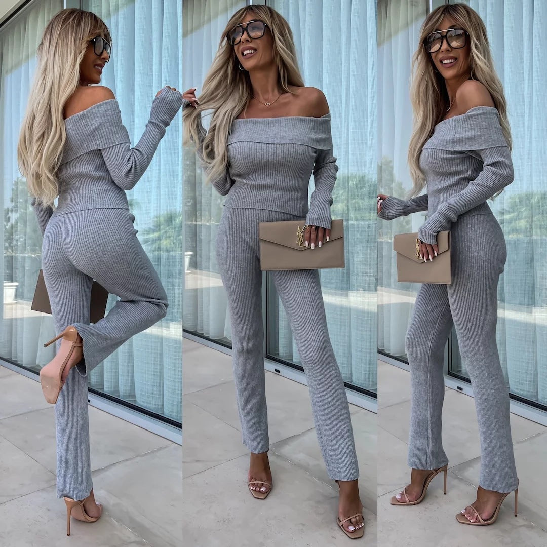 Damen Elegante Knit-Jumpsuit Schulterfrei Weites Bein