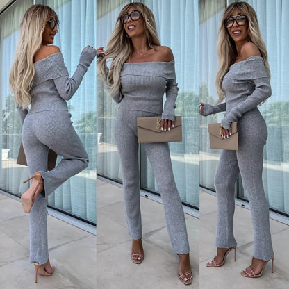 Damen Elegante Knit-Jumpsuit Schulterfrei Weites Bein