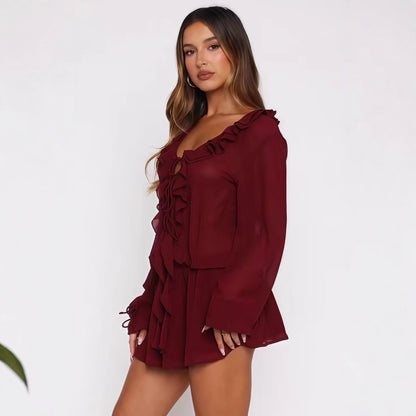 Damen Chiffonbluse Rüschendekoration V-Ausschnitt
