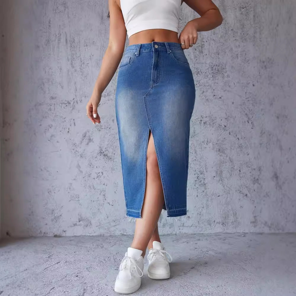 Damen Maxi Denimrock Mit Seitlichem Schlitz Blau