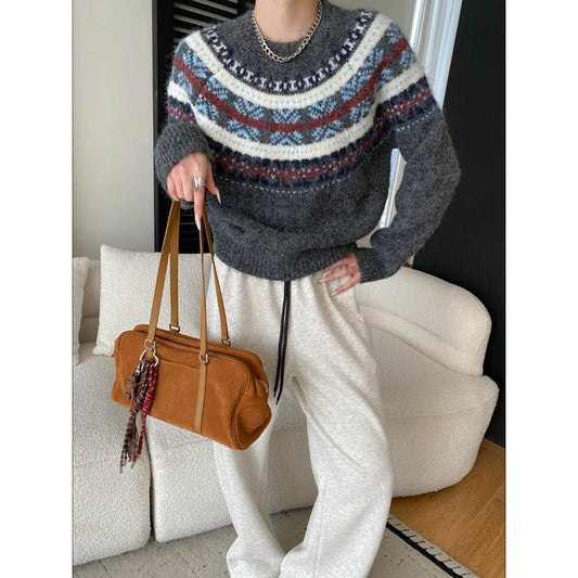 Damen Grobstrickpullover Lebendiges Muster Weite Ärmel - Eveloria