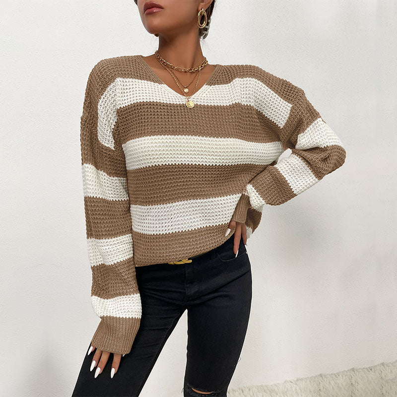 Damen Pullover Strukturiertes Waffelmuster V-Ausschnitt Beige