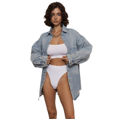 Damen Jeansjacke Distressed Look Blau Eveloria