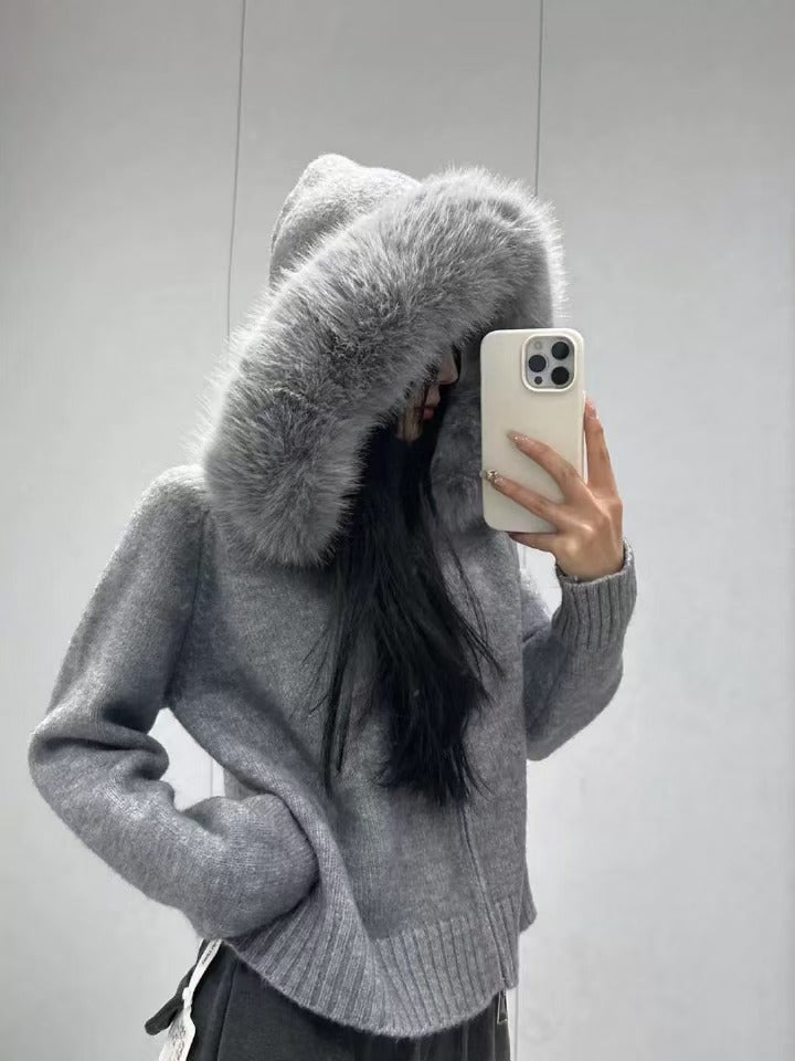 Damen Strickjacke Weich Kapuze Abnehmbar Beige Eveloria
