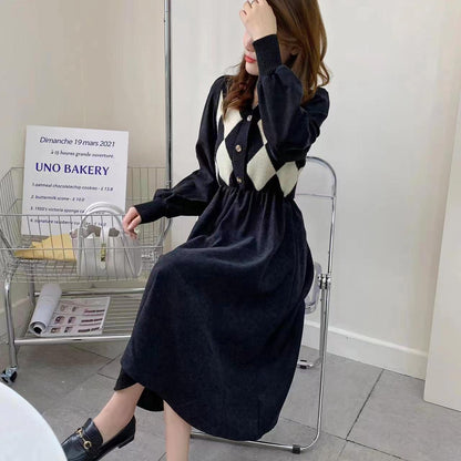 Damen Strickkleid Rautenmuster Puffärmel Eveloria