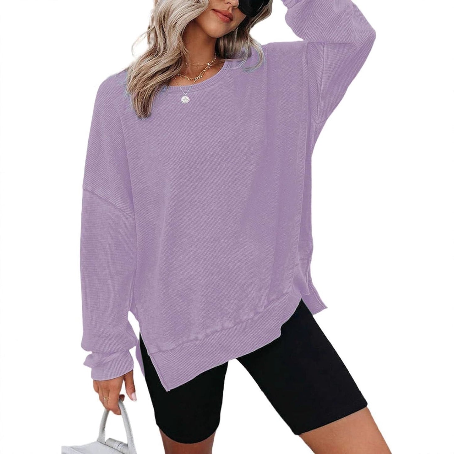 Damen Waffelpullover Lässig Mit Seitenschlitzen Grau Eveloria