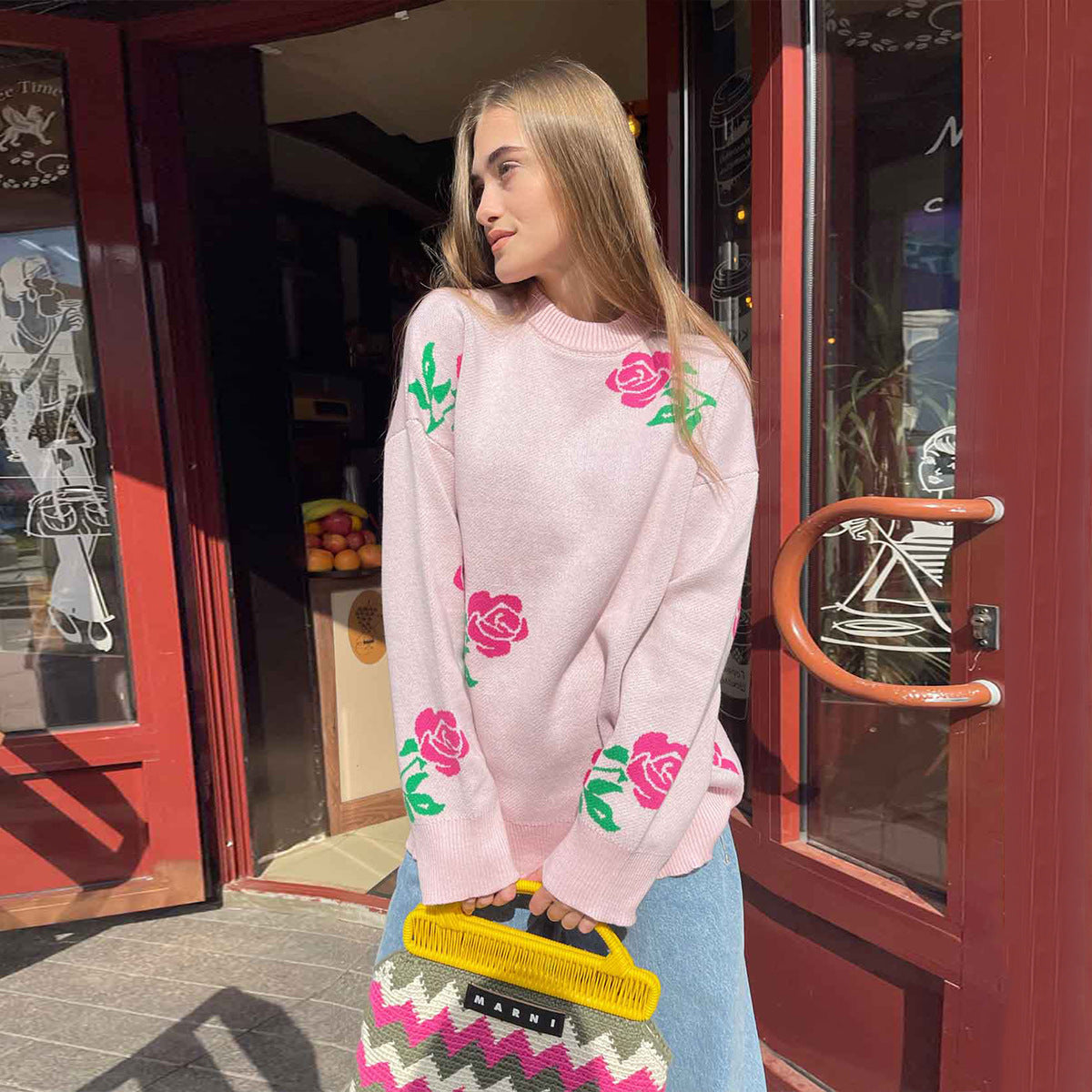 Damen Strickpullover Florales Design Lockere Passform - Eveloria