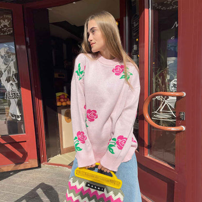 Damen Strickpullover Florales Design Lockere Passform - Eveloria