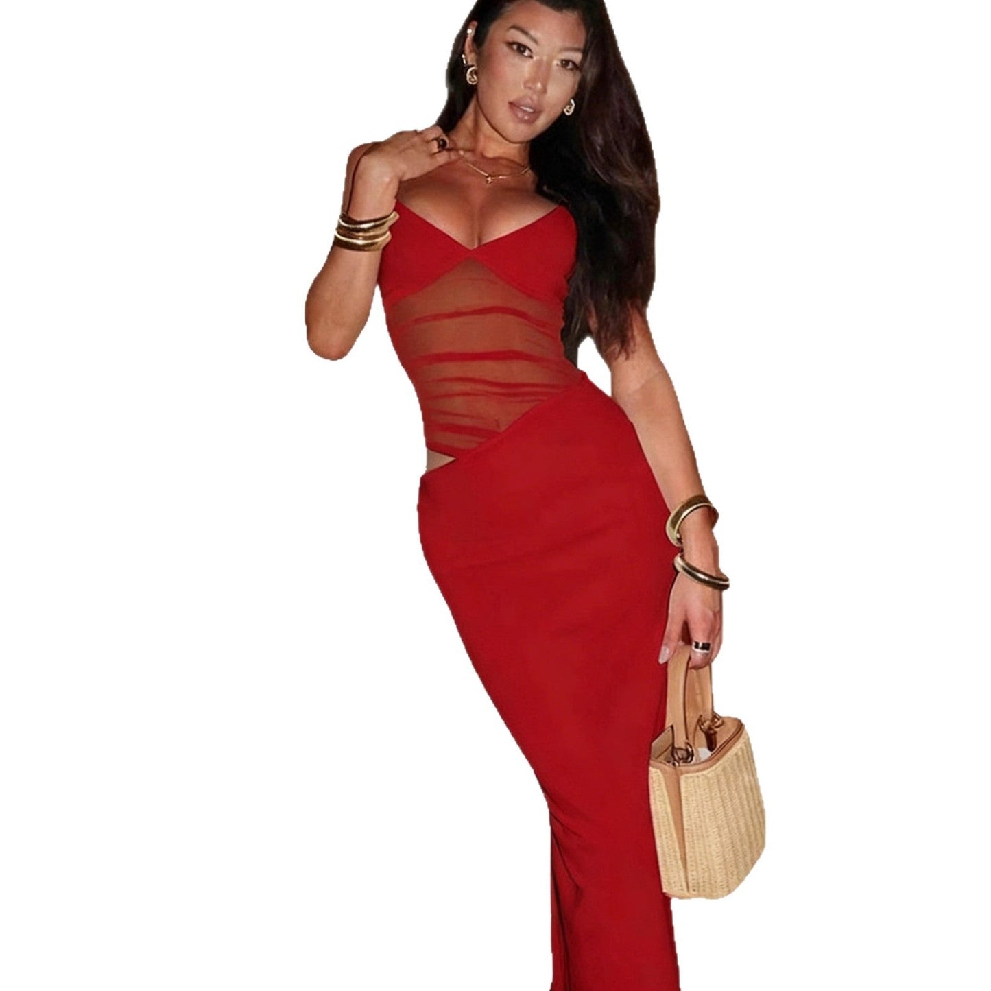 Damen Maxikleid Transparenter Oberteil Figurbetont Eveloria