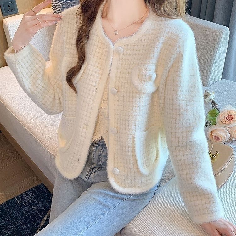 Damen Bouclé-Cardigan Weich Taschen Beige - Eveloria