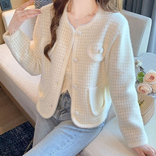 Damen Bouclé-Cardigan Weich Taschen Beige - Eveloria