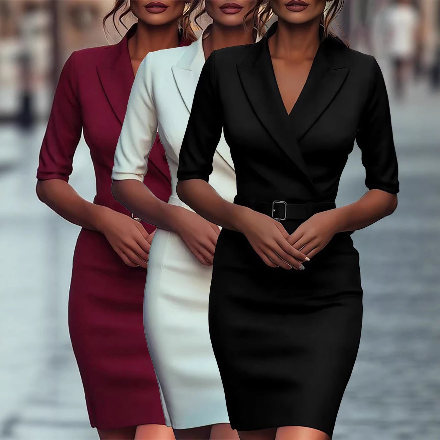 Damen Business-Kleid Figurbetonter Schnitt Mit Gürtel Schwarz Eveloria - Eveloria