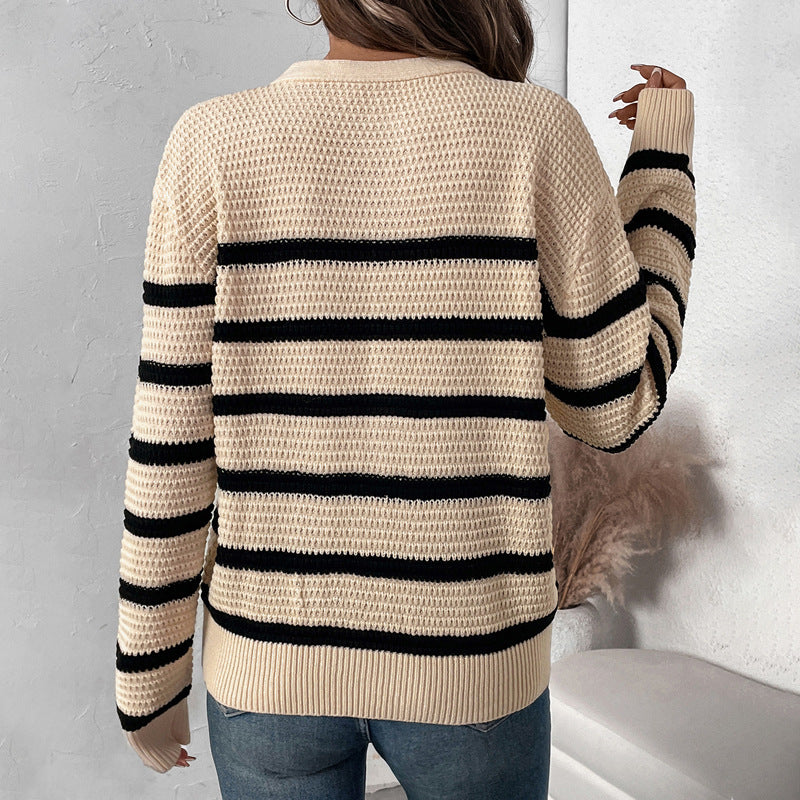 Damen Strickpullover Lässig Knopfleiste Gestreift