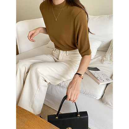 Damen Kurzarm T-Shirt Hochkragen Eveloria