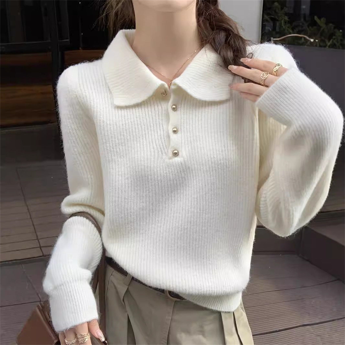 Damen Pullover mit Polokragen Weiches Strickmaterial Beige