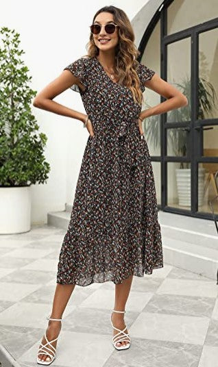 Damen Midi-Kleid Floralmuster Taillengürtel