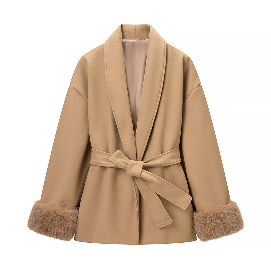 Damen Modische Jacke Weichgefütterter Kragen Bindegürtel