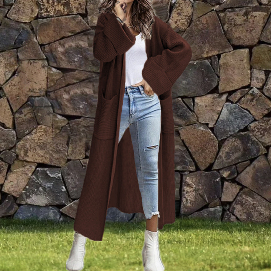 Damen Strickmantel Grobstrick Lässiger Schnitt Tiefen Taschen Beige
