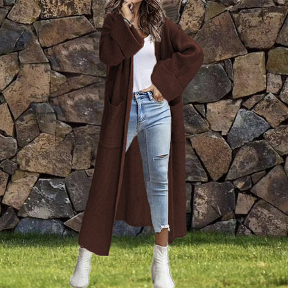 Damen Strickmantel Grobstrick Lässiger Schnitt Tiefen Taschen Beige
