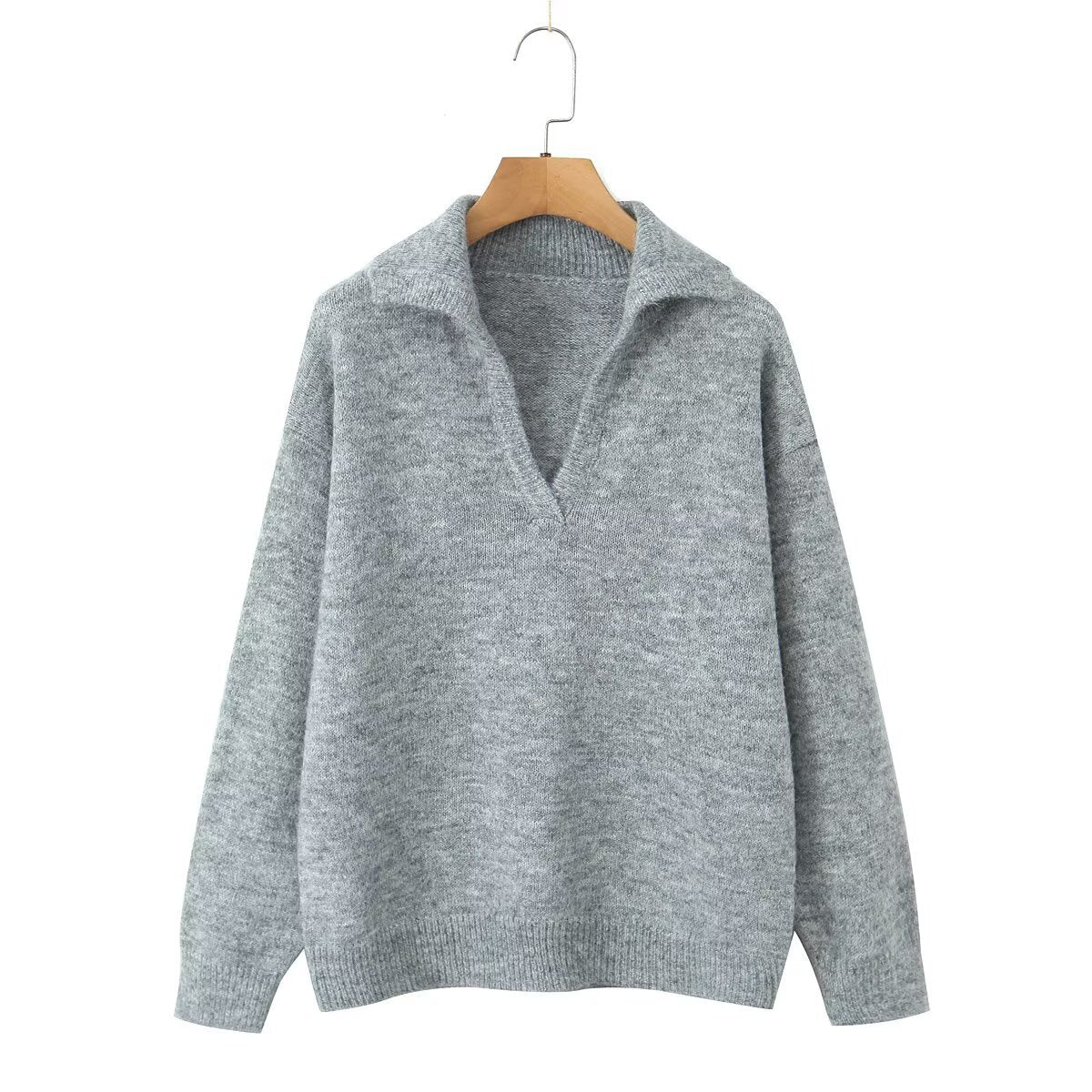 Damen Strickpullover Stehkragen V-Ausschnitt Eveloria