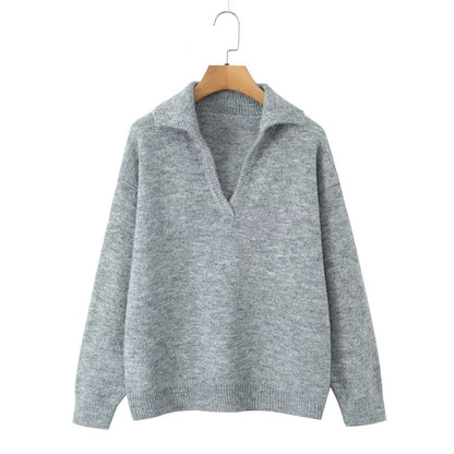 Damen Strickpullover Stehkragen V-Ausschnitt Eveloria