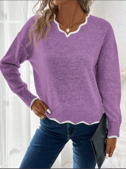 Damen Pullover V-Ausschnitt Gezackter Saum Beige