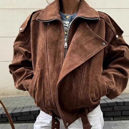 Damen Kunstlederjacke Modisch Breiter Kragen Taillengürtel