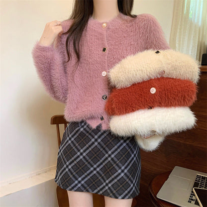 Damen Strickjacke Flauschig Länge Mit Knöpfen Langärmlig - Eveloria
