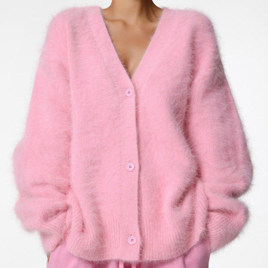 Damen Strickjacke V-Ausschnitt Knöpfe Flauschig Grau Eveloria