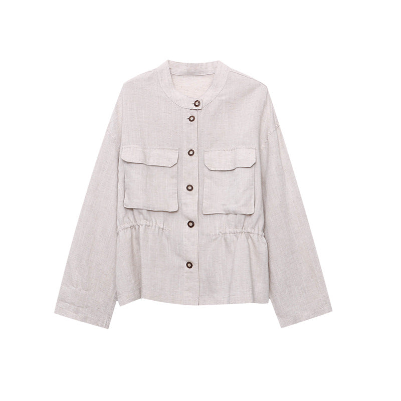 Damen Leinenjacke Lässig Stehkragen Beige