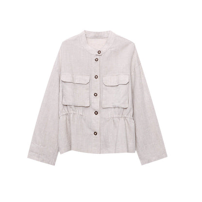 Damen Leinenjacke Lässig Stehkragen Beige