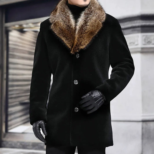Herren Mantel Slim Fit Wolle V-Fellkragen Schwarz - Eveloria