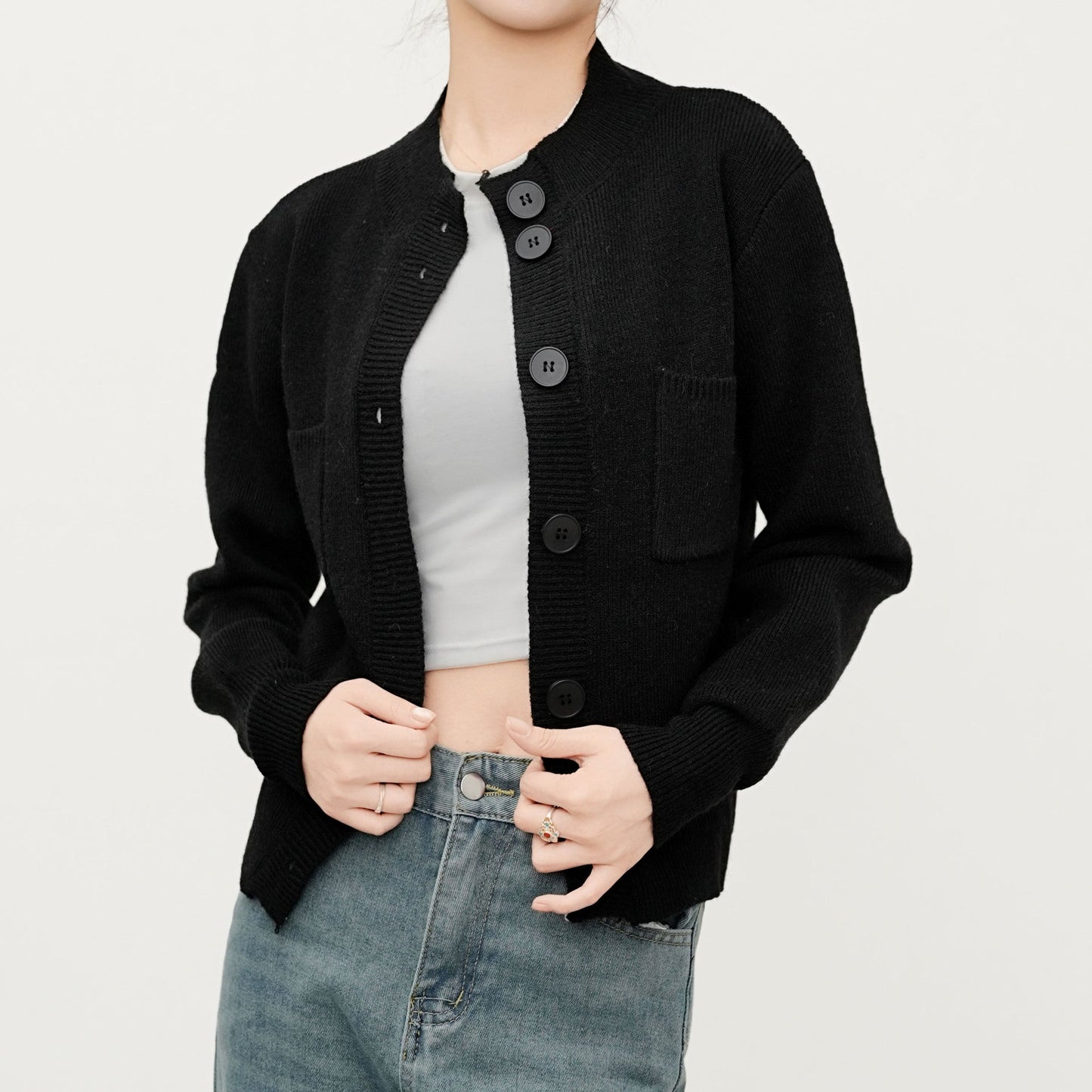 Damen Strickjacke Knopfleiste Brusttasche Eveloria