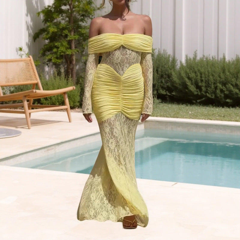 Damen Maxikleid mit Spitze und Taillenschnitt