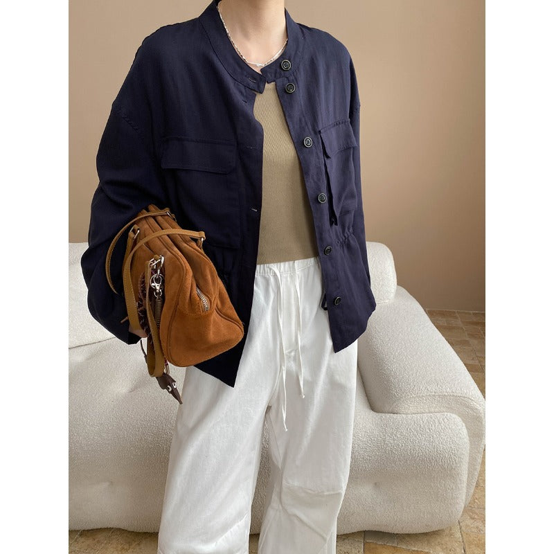 Damen Leinenjacke Lässig Stehkragen Beige