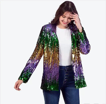 Damen Glitzerjacke Pailletten Langer Arm Offener Schnitt Eveloria