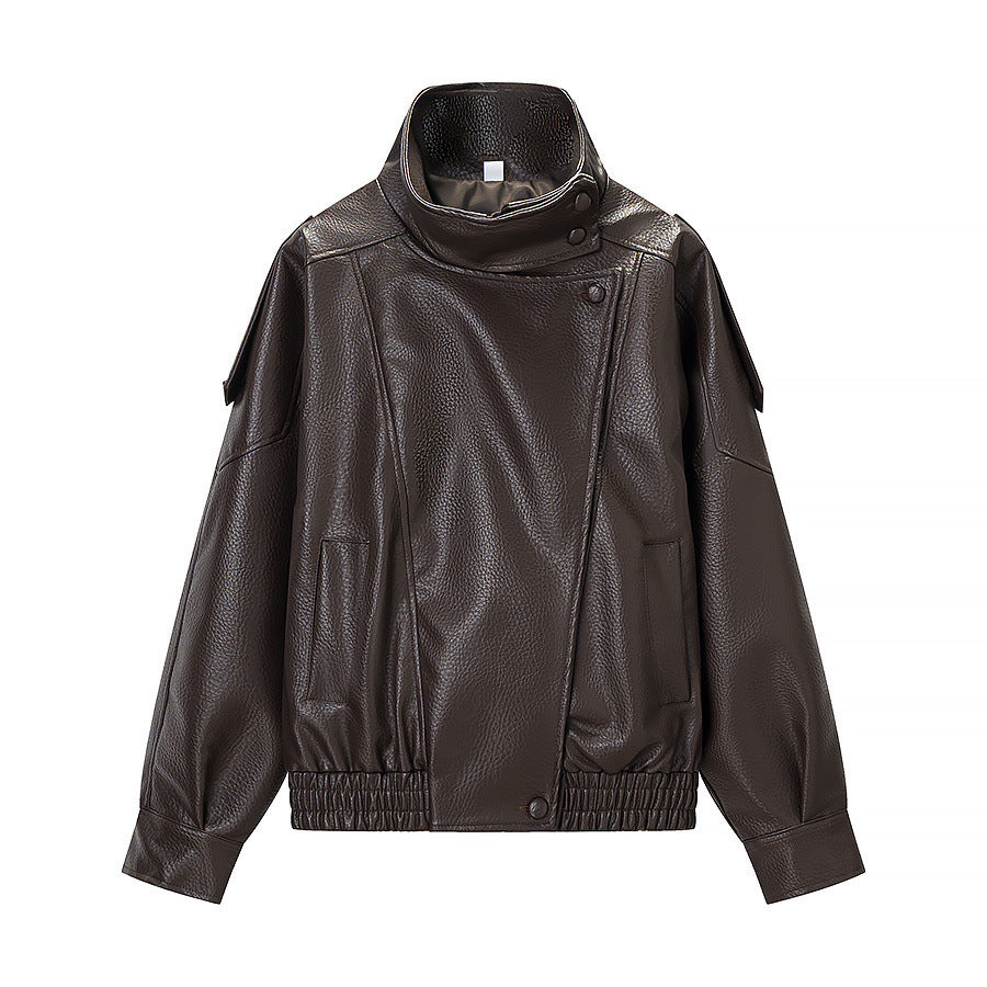 Damen Kunstlederjacke Hochkragen mit Taschen