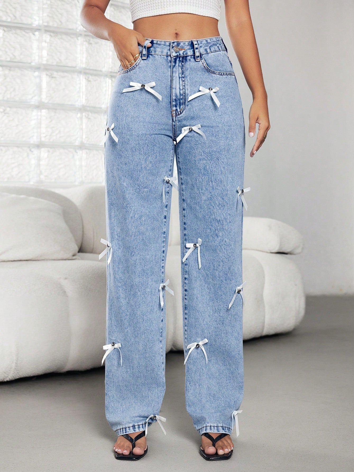 Damen Jeans Weite Fit Dekorative Schleifen Blau