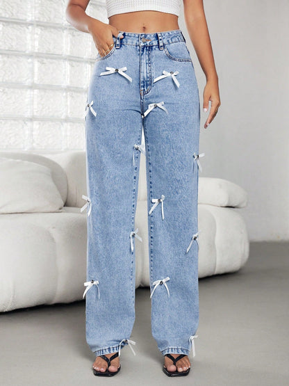 Damen Jeans Weite Fit Dekorative Schleifen Blau