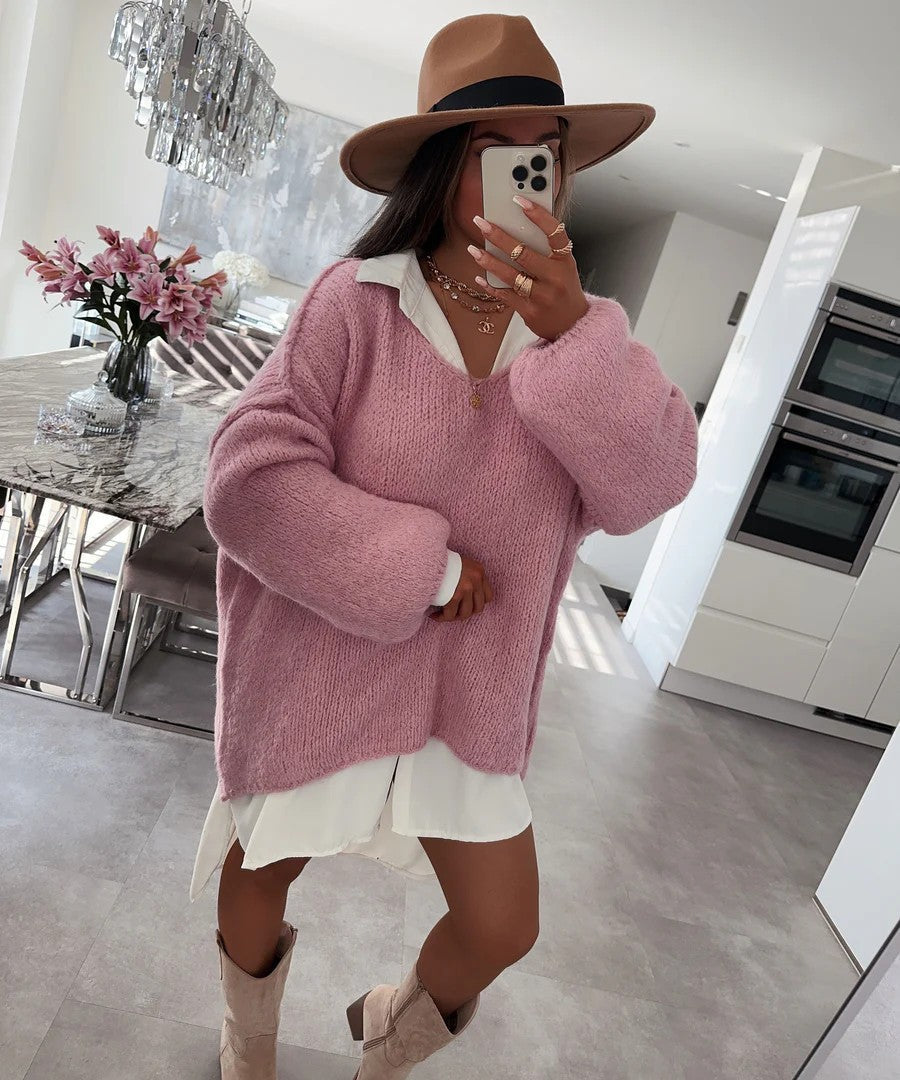 Damen Oversized Pullover Weich Voluminöse Ärmel Beige Eveloria