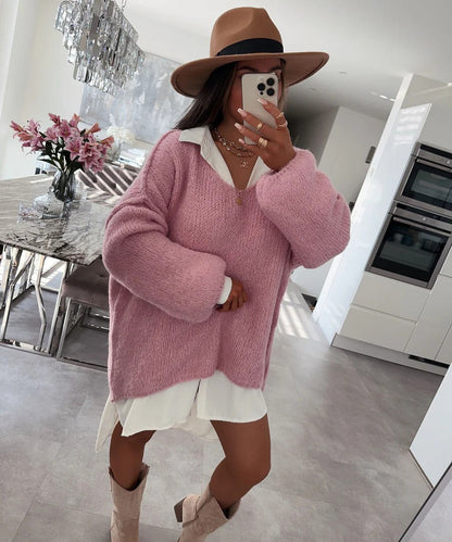 Damen Oversized Pullover Weich Voluminöse Ärmel Beige Eveloria