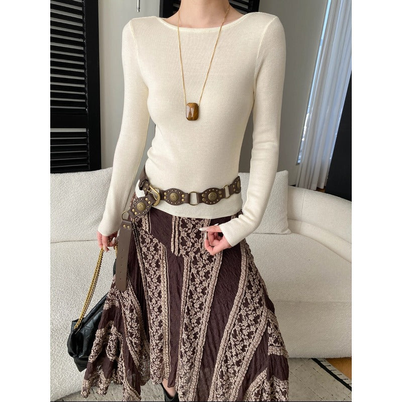 Damen Langarmoberteil Weiches Strick Oberteil Rippstruktur Beige - Eveloria