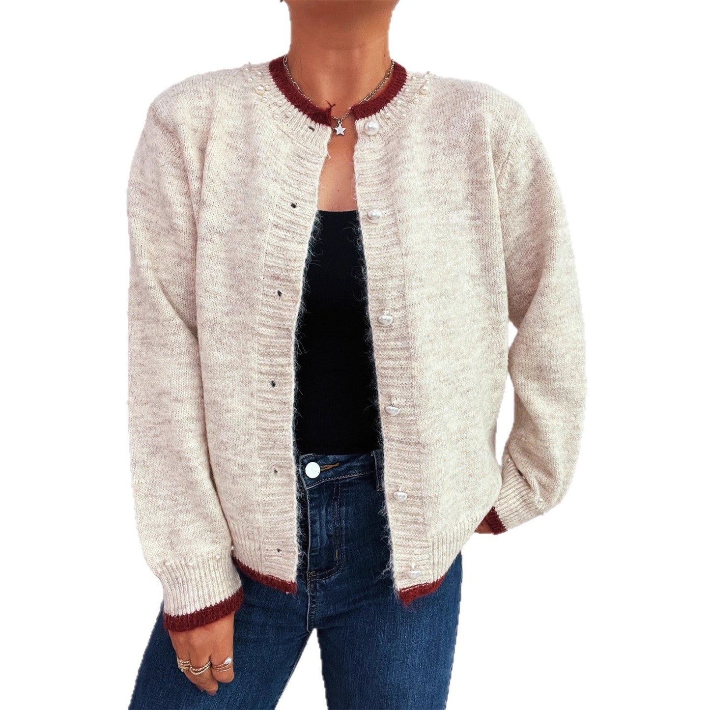 Damen Strickjacke Edel mit Perlenverzierungen und Knöpfen
