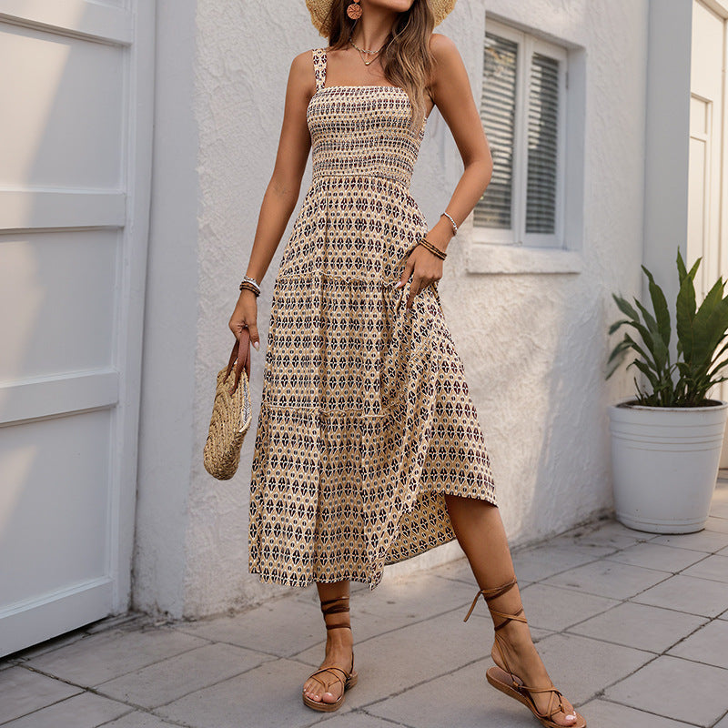 Damen Maxikleid Strukturierte Rüschen Geometrie-Druck Eveloria