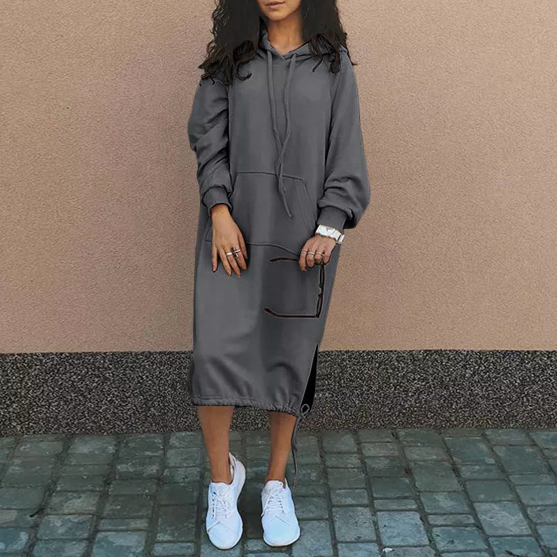 Damen Hoodie-Kleid Baumwolle Eingrifftaschen Regulierbar