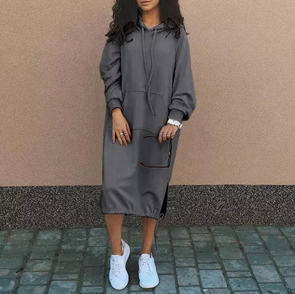 Damen Hoodie-Kleid Baumwolle Eingrifftaschen Regulierbar