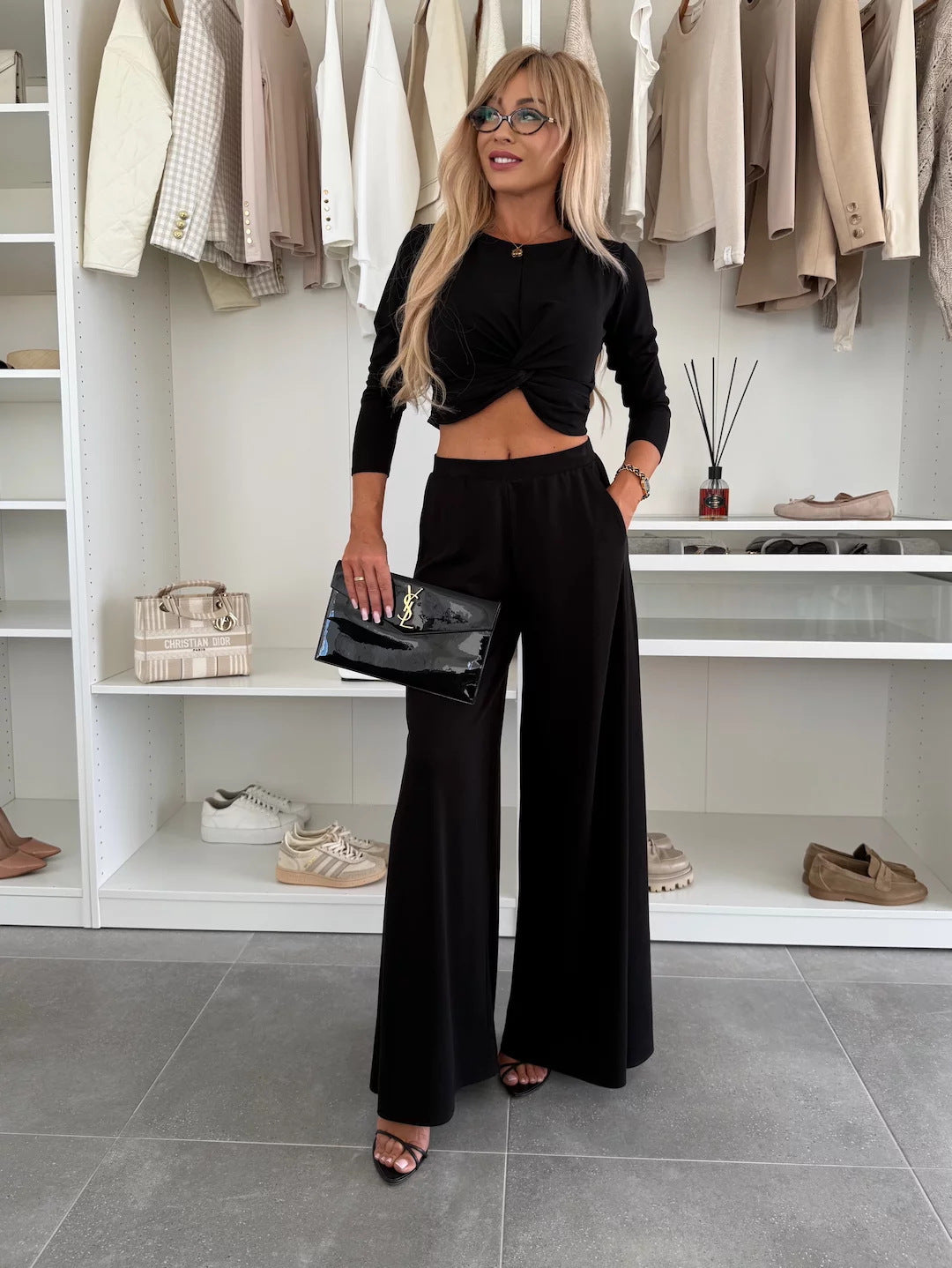 Eveloria Damen Freizeit-Set Crop- und weite Hose